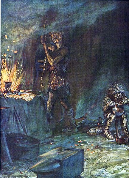 Siegfried reforja a espada Nothung enquanto Mime prepara uma poção para dormir para si. Ilustração de Arthur Rackham (1867 - 1939).